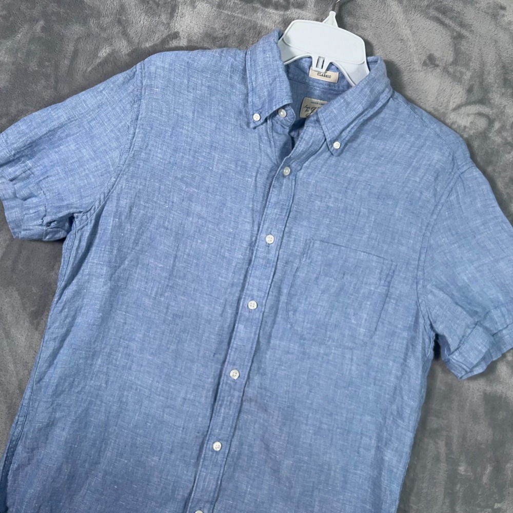 J Crew Baird McNutt 100% Linen Shirt Mens Small Button Down Blue Short Sleeve